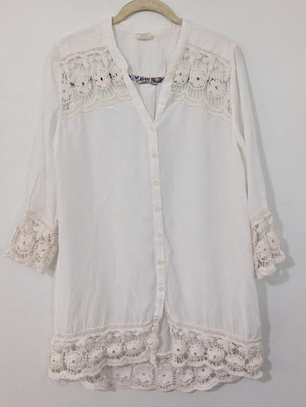 Free People Intimately Crochet Trim Button Front Blouse Split Neck White Small S